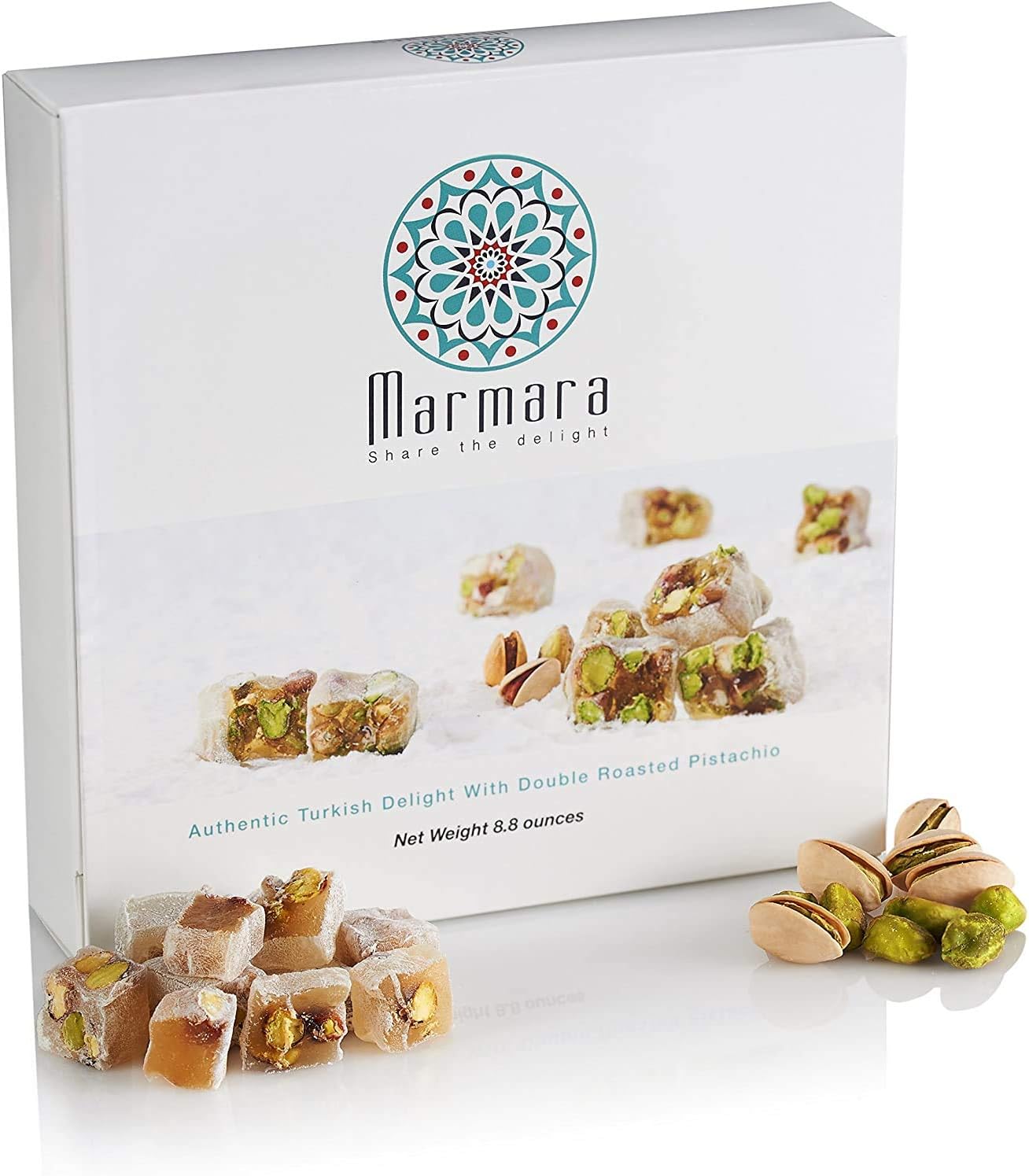 Turkish Delight with Double Roasted Pistachio Marmara authentic Sweet Confectionery Gourmet Box Candy Dessert Large 8.8 ounce