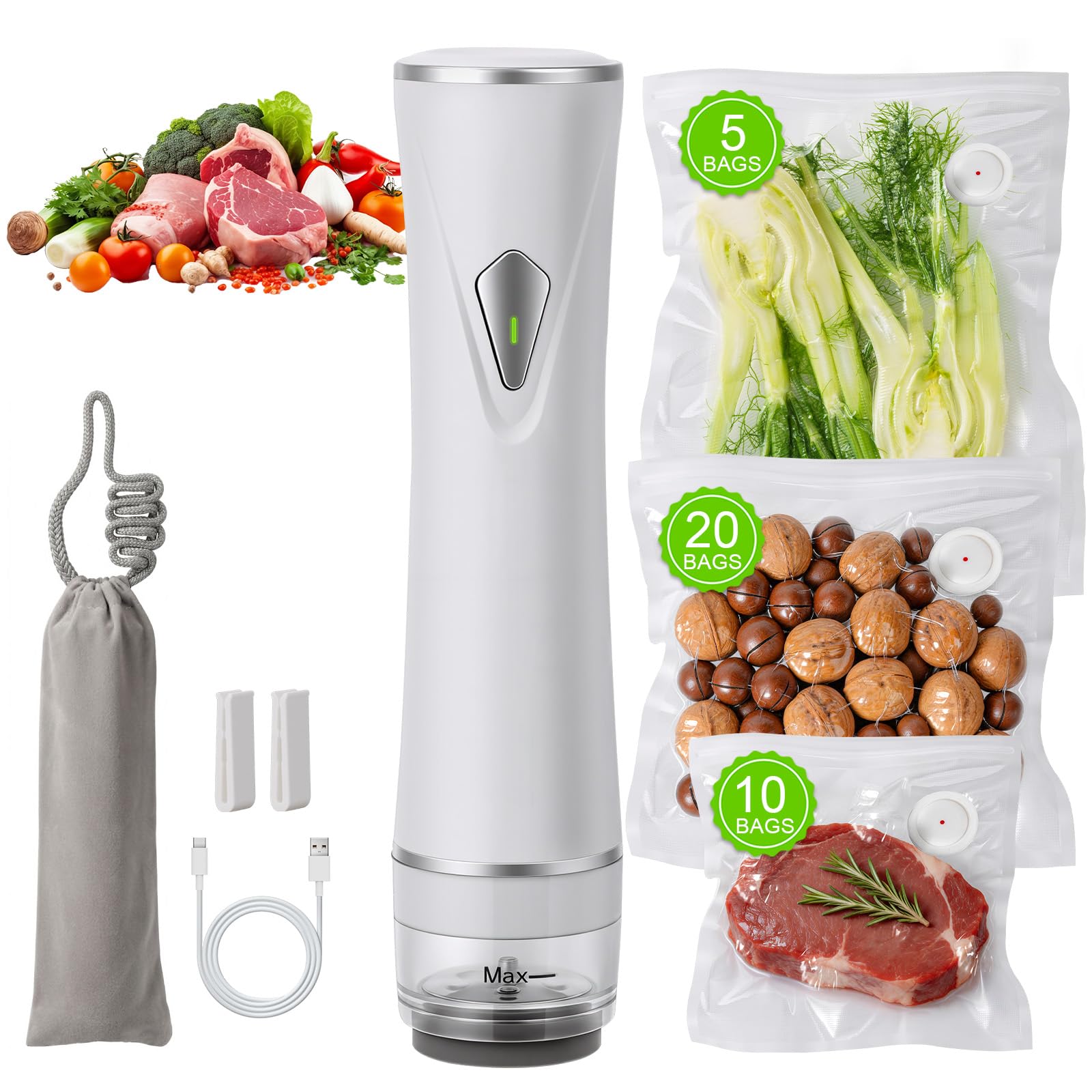 Sellador al vacío para alimentos (máquina selladora al vacío compacta + 35 bolsas de vacío reutilizables)