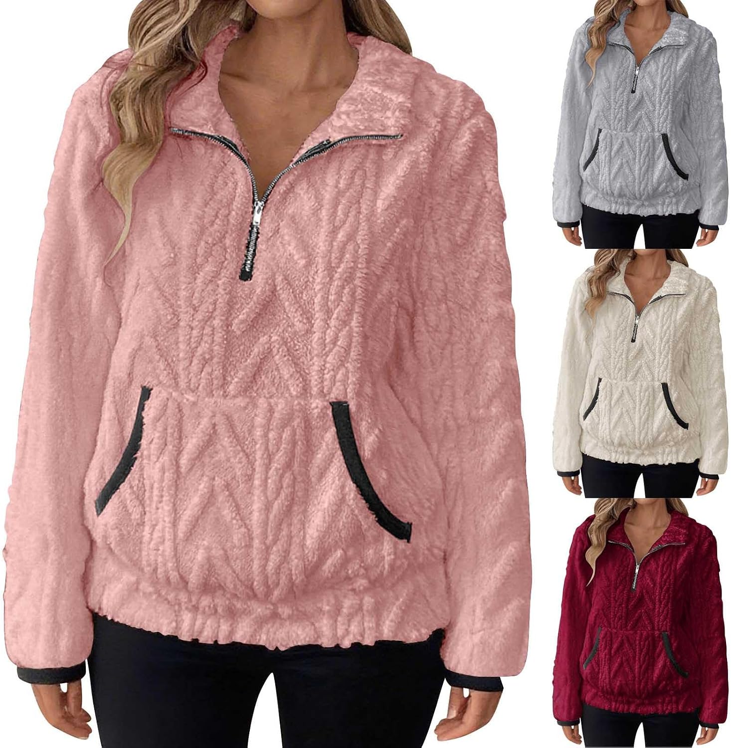 Womens Sherpa Fleece Pullover Quarter Zip Long Sleeve Fluffy Soft Sweaters Jacket Plus Size Winter Warm Shacket Coats