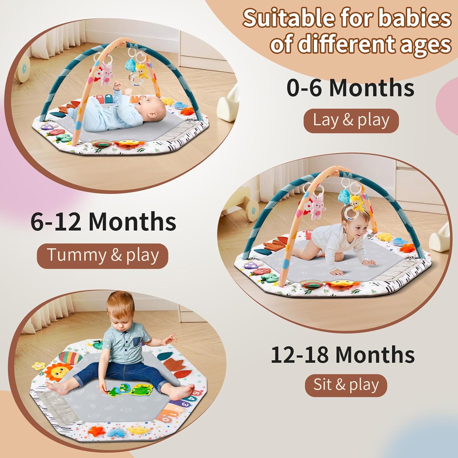 Baby Play Gym Mat 6 Development Zones Tummy Time Mat Baby Activity Pad with 4 Detachable Toys for Motor Skill Sensory Development Gym for Essentials Gift - Image 5