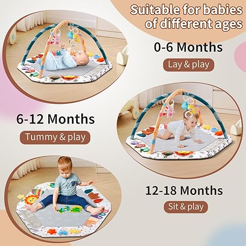 Miniatura 5 de Alfombrilla de gimnasio para juegos para bebés, 6 zonas de desarrollo, alfombrilla de actividad para bebés con 4 juguetes desmontables para