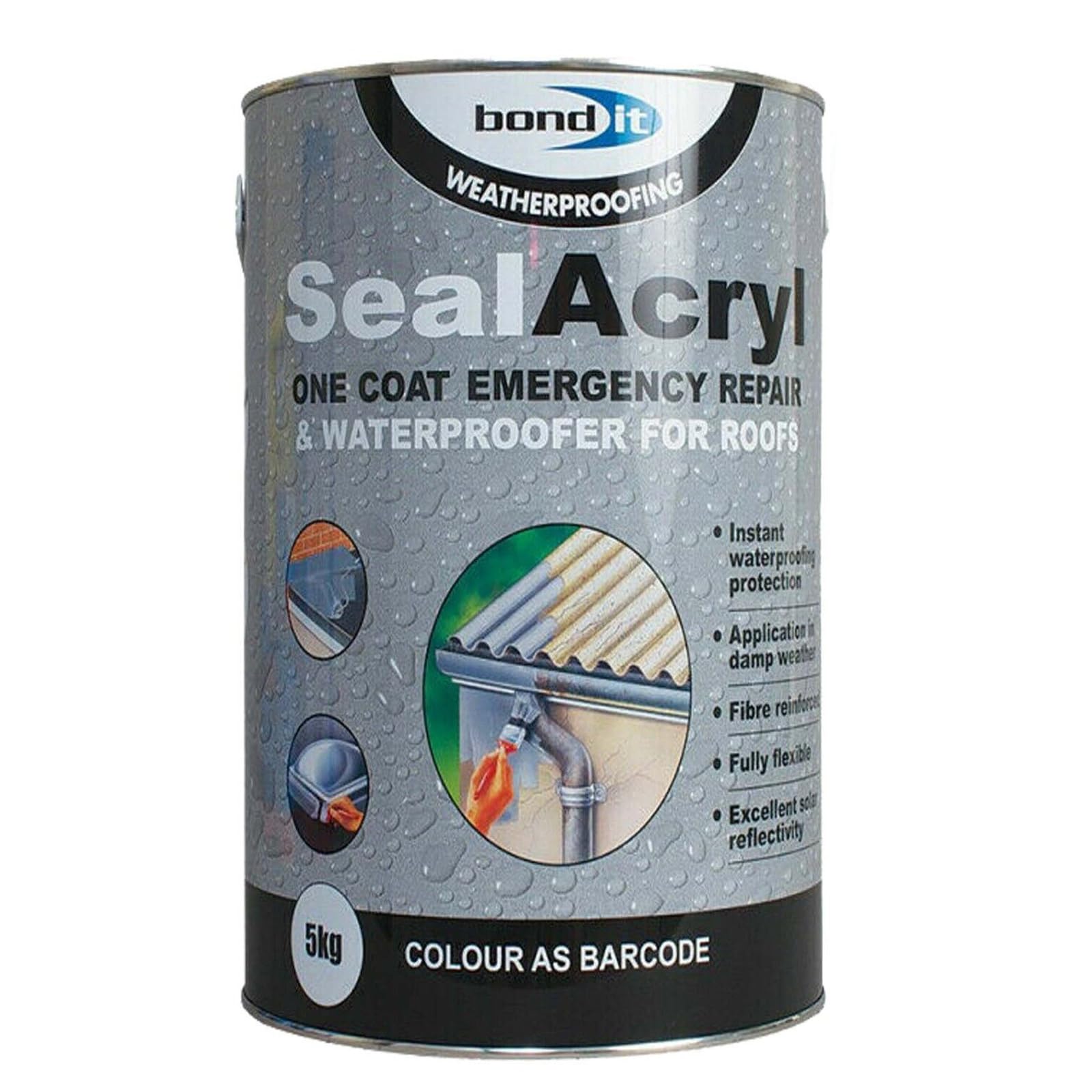 Bond IT 5KG Seal Acryl Roof Repair Paint Roofing Waterproof Sealacrylic Black/Grey/White One Coat Emergency WATERPROOFER Breathes Membrane (White - View #2