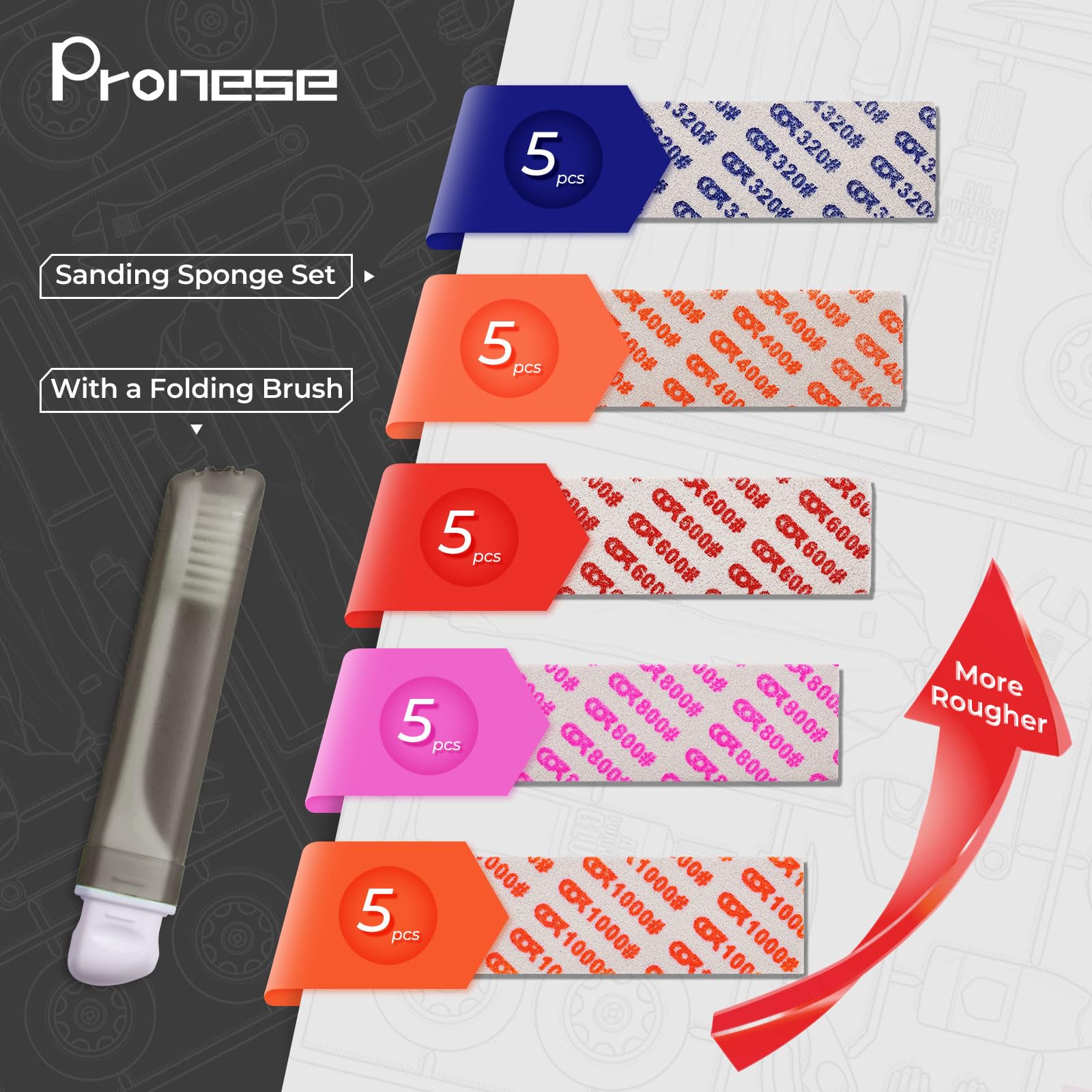 Pronese Sanding Sponge Set for Hobby Models 25PCS (320# 400# 600# 800# 1000#) - Image 2
