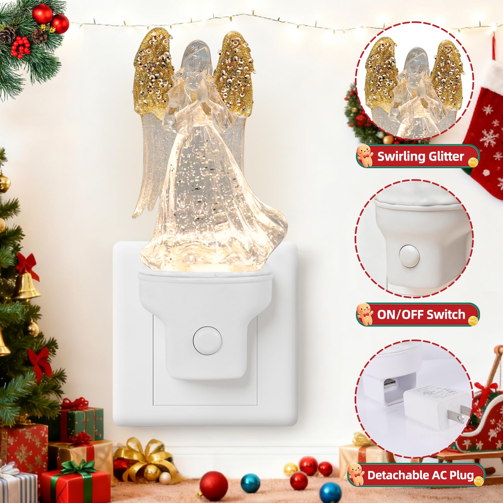Yuxelulmai Christmas Angel Night Light Plug into Wall Swirling Glitter USB Portable Christmas Decorative Night Light Decoration for — view 2