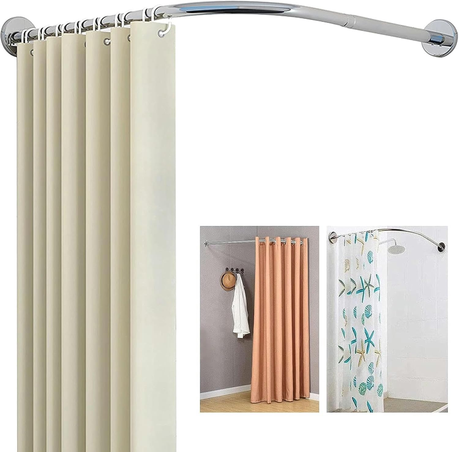 L Shaped Shower Curtain Rod Adjustable, Corner Shower Rod No Drilling, Curved Rails Pole Extendable Bathroom Bathtub Stainless Steel for Clothing Store Cloakrooms