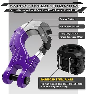 AUTMATCH 3/8 Winch Hook Safety Latch with Winch Cable Hook Stopper, Grade 70 Forged Steel Clevis Slip Hook, Max 39,600Lbs Work for Winch Rope, ATV, UTV, Off Road Vehicle, Purple