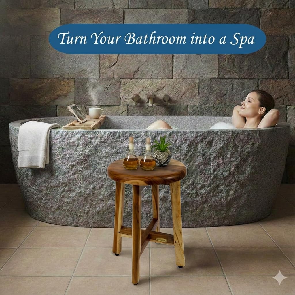 EcoDecors Shoji 12 Inch Round Waterproof Teak Wood Shower Bench Stool Seat Chair For Inside Shower Provides Safety, Storage, and Organization For Bathroom Accessories