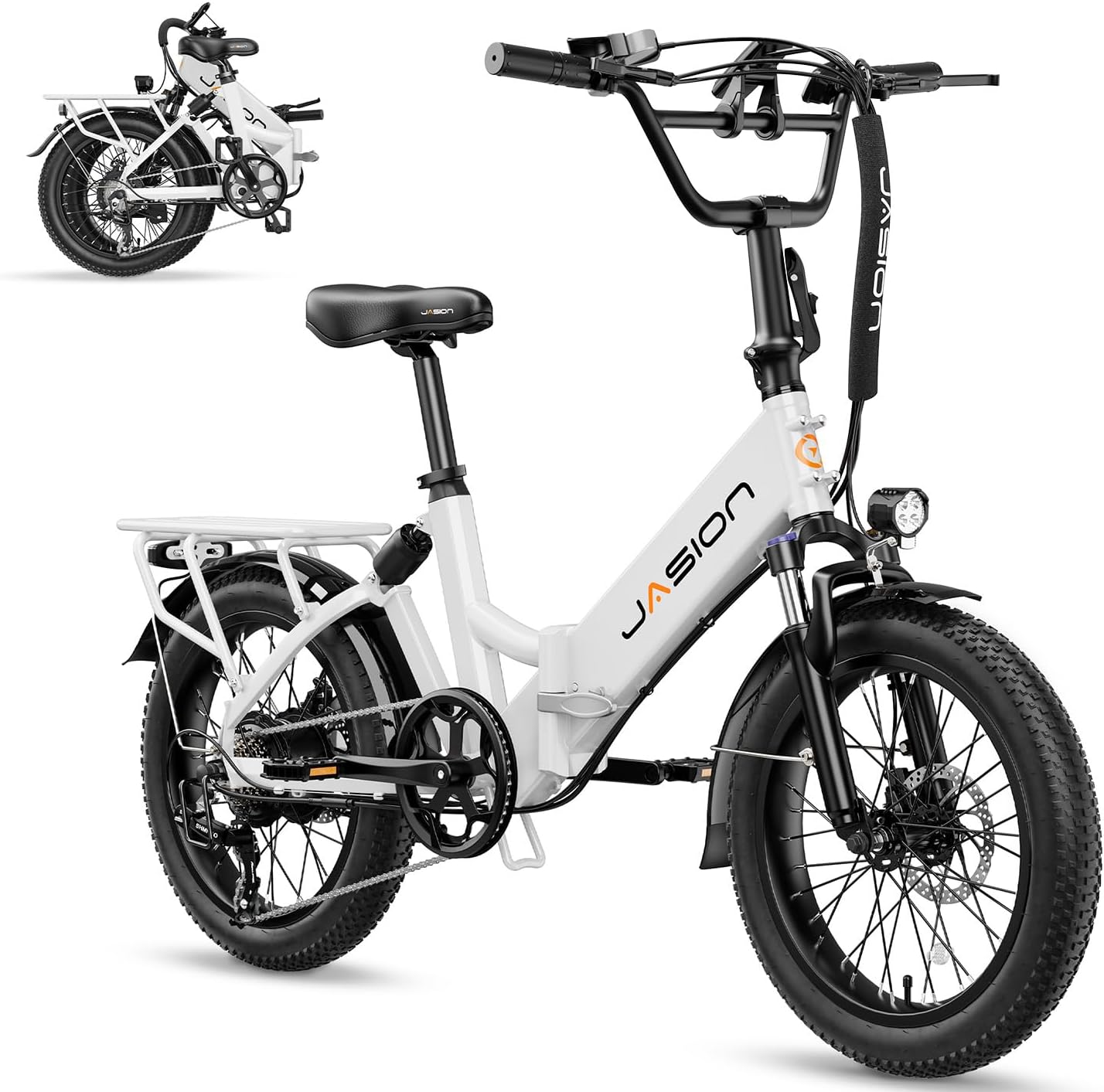 Jasion EB7 ST Electric Bike for Adults with 1200W Motor Peak, 480Wh Removable Battery 28MPH Max Speed & 55 Miles Range (PAS) [20" Fat Tire All-Terrain] Folding Step-Thru Ebike with Front Suspension,BW
