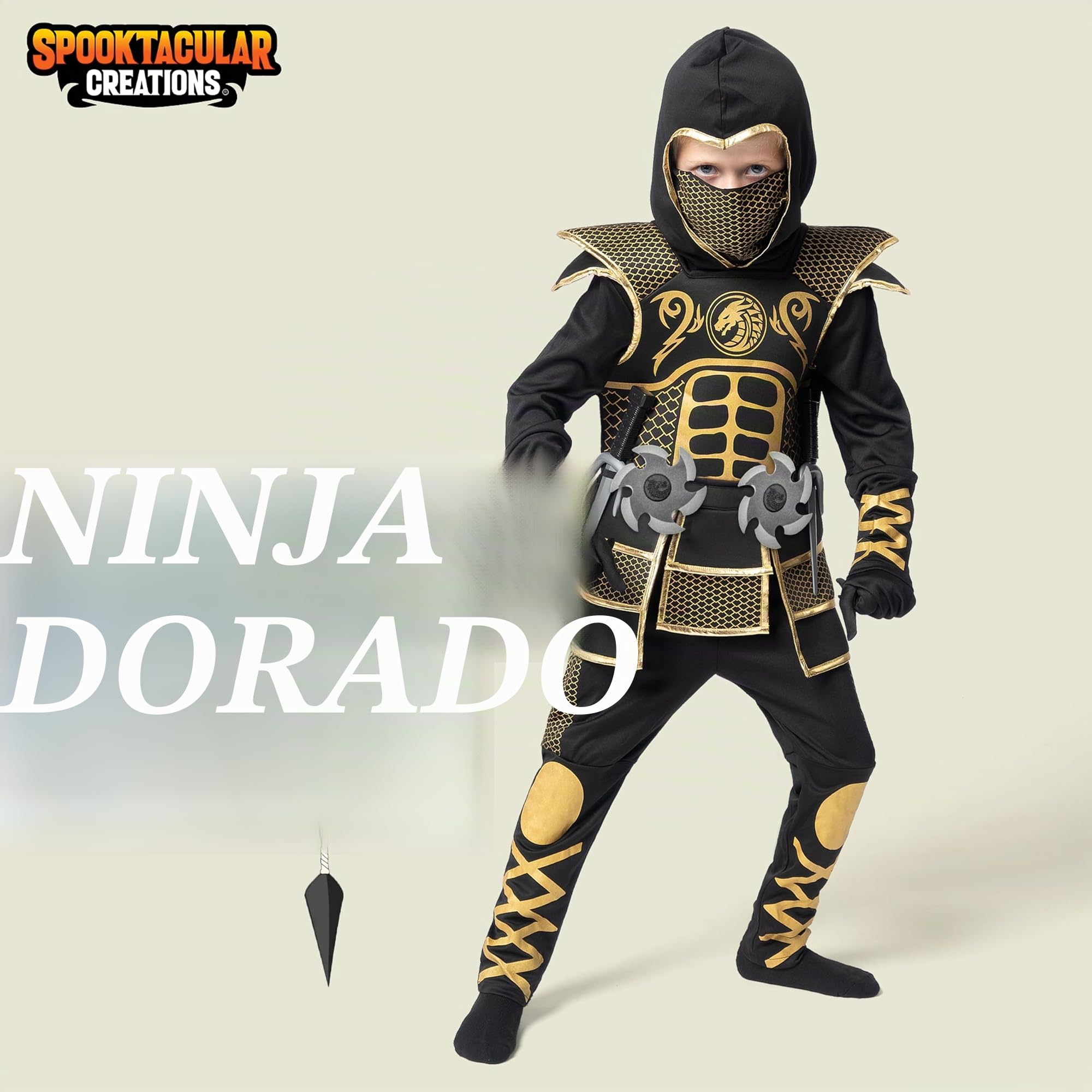 Spooktacular Creations Disfraz de Ninja Dorado para Niños, Conjunto de Disfraz de Ninja para Niños con Armadura Dorada y Patrones para Fiesta de Disfraces de Ninja en Halloween
