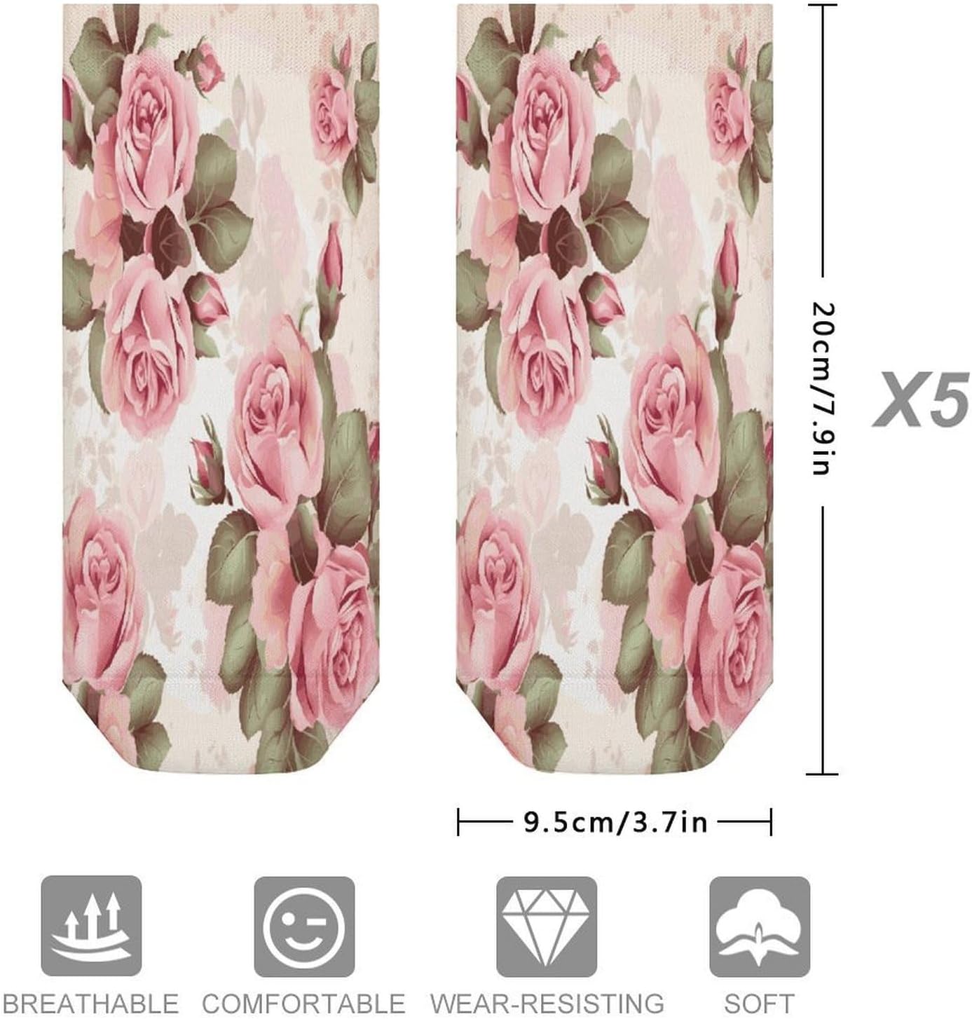 Pink Rose Floral Ankle Socks for Men Women 5 Pairs | Comfortable Casual Low Cut Socks, Lightweight No Show Breathable Athletic Socks, Soft Mini Crew Socks for All Seasons