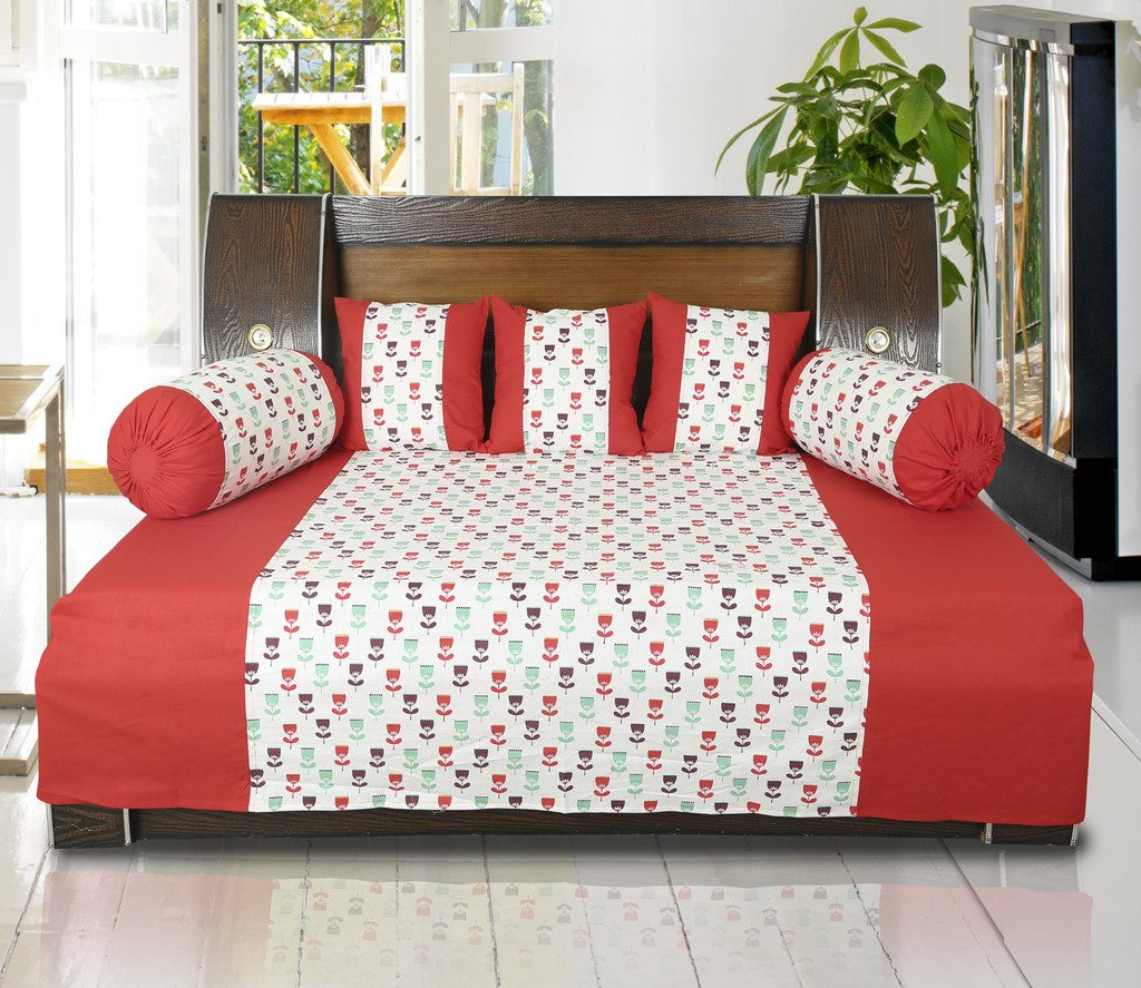 Dekor World Floral Printed Cotton Red Diwan Set (Pack of 6)-image-41
