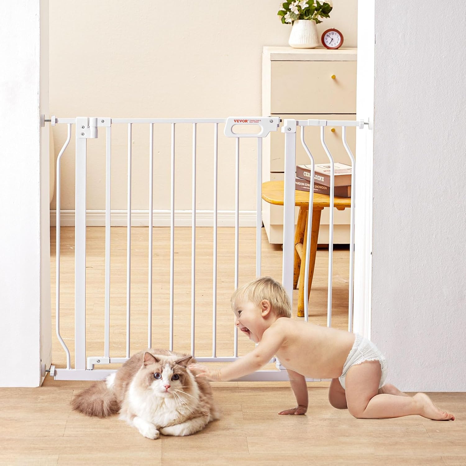 VEVOR Baby Gate, 29.5"-39" Extra Wide, 30" High, Dog Gate for Stairs Doorways and House, Easy Step Walk Thru Auto Close Child Gate Pet Security Gate with Pressure Mount Kit and Wall Mount Kit, White White 29.5"-39"
