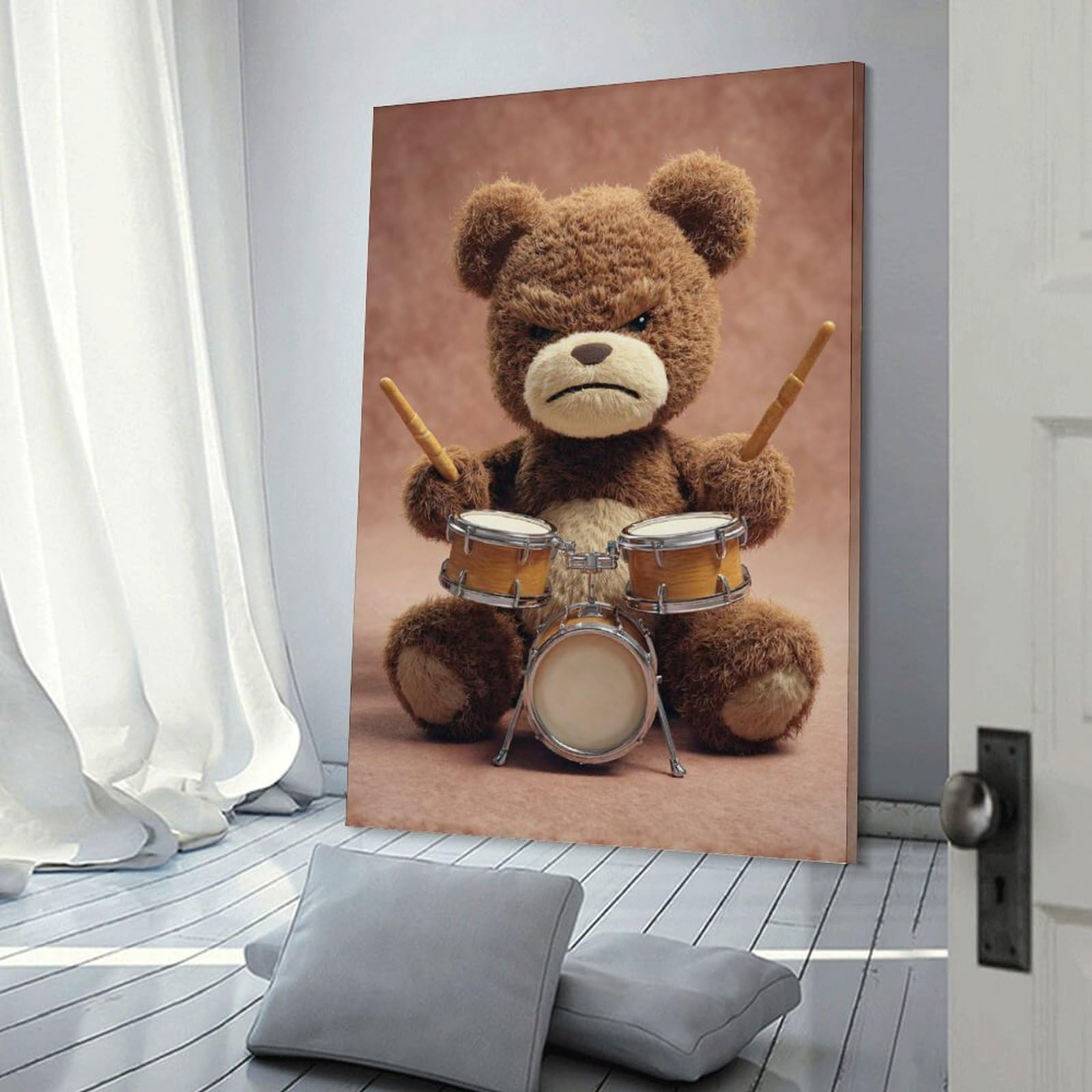 Junmoney Grumpy Teddy Bear Drummer Hanging Wall Art 20x30inch(50x75cm), for Restful Interiors, Bedrooms Or Small Rooms, Home Artwork with A Soft Interior Feel