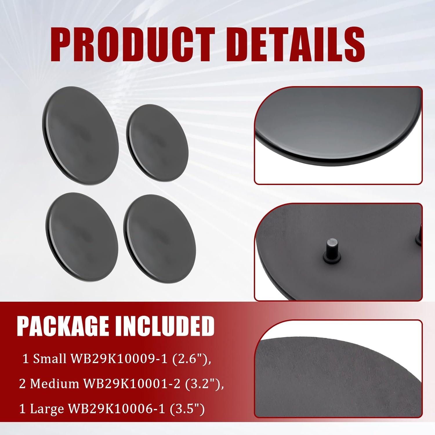 Surface Burner Cap Set Compatible With GE Gas Range/Stove/Oven (4-Pack) –Replace For WB29K10009-1 (2.6"), WB29K10001-2 (3.2"), WB29K10006-1 (3.5") – Even Heat for Consistent Cooking