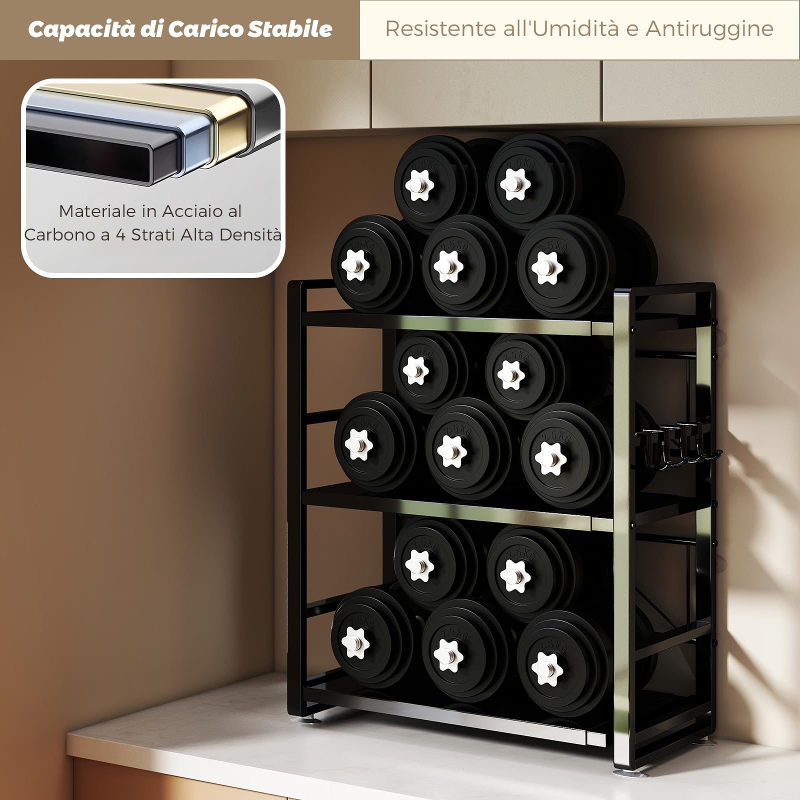 Scaffalatura per microonde a 3 ripiani, regolabile in altezza ed estraibile, con cassetto, in acciaio al carbonio, con ganci e ventose di rinforzo, scaffale da forno (nero)