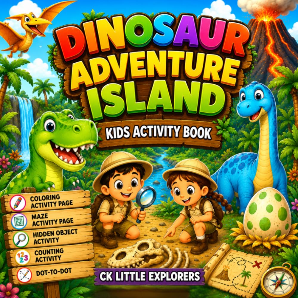 Dinosaur Adventure Island Activity Book for Kids Ages 3–8: Fun Coloring Pages, Mazes, Hidden Objects, Counting Activities & Dot-to-Dot Adventures