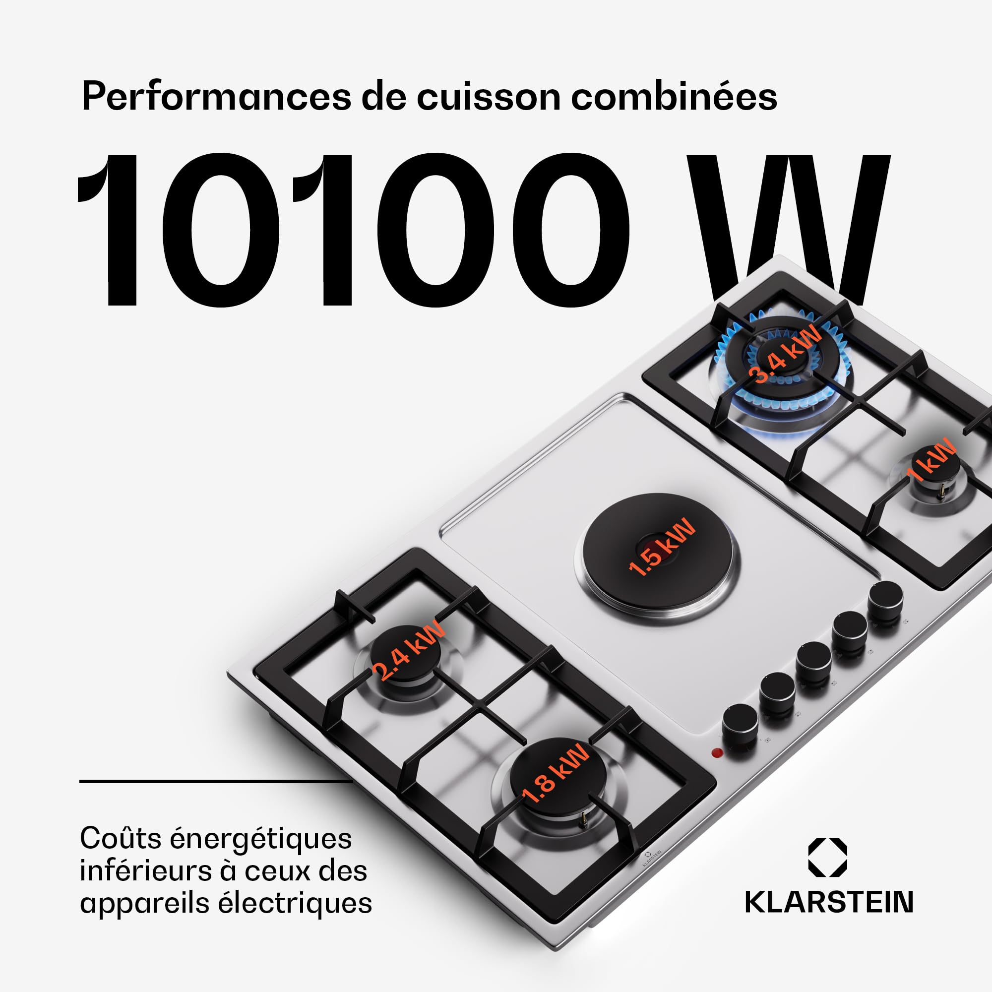 Klarstein MultiChef 5 Plaque De Cuisson Gaz Et Électrique, 4 Brûleurs Gaz & 1 Électrique, 10.1Kw, Acier Inoxydable, Allumage & Arrêt Automatique, Sécurité Enfants, Compacte 87X8X50Cm