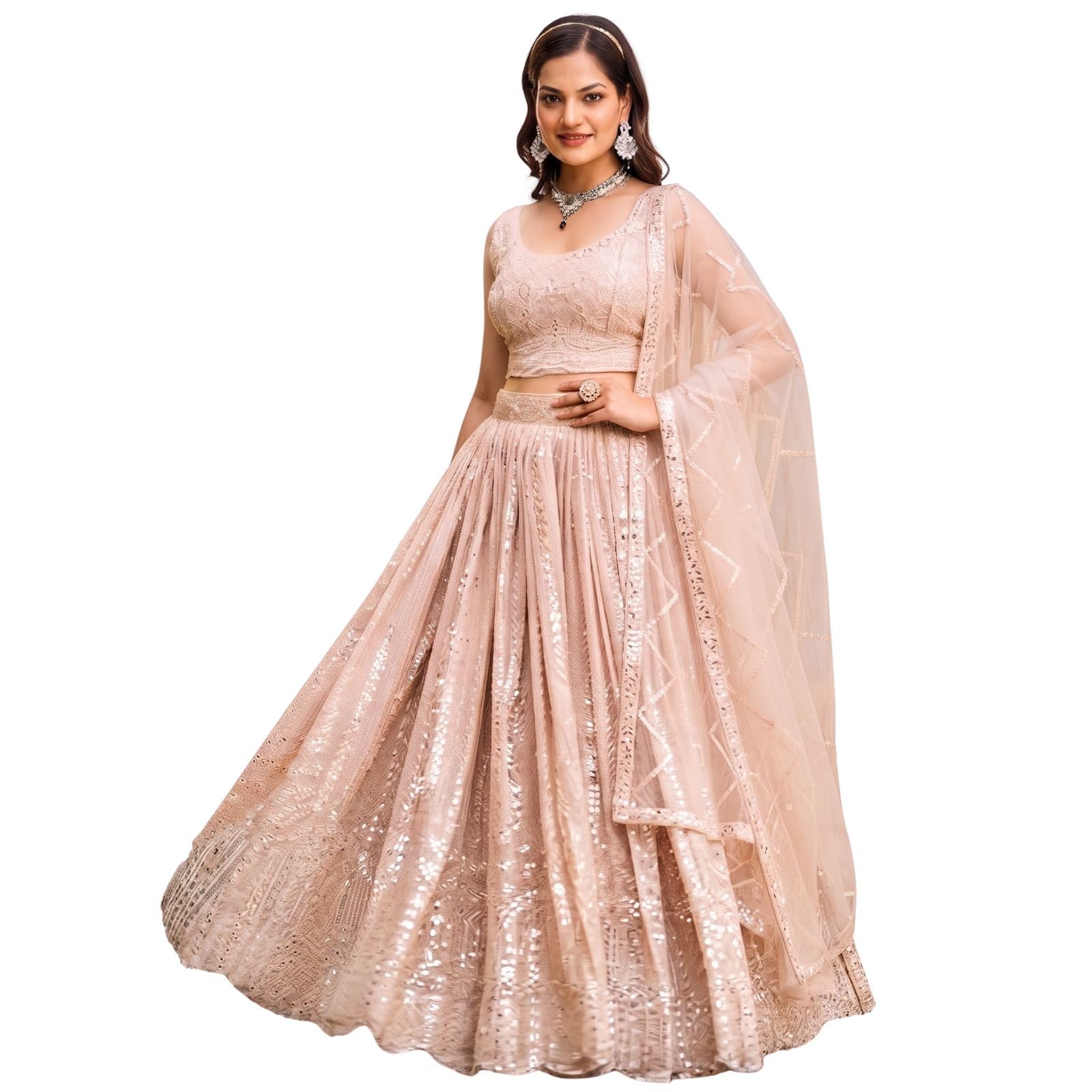 Peach Georgette Zari Sequence Embroidery Work Semi Sttiched Lehenga Choli-image-21
