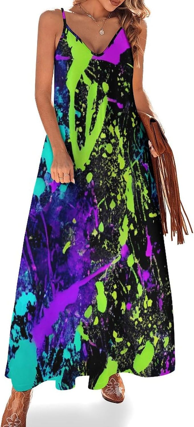 Glow in Dark Splatter Neon Women's Summer Maxi Dress Long Sleeveless Strap Beach Dresses