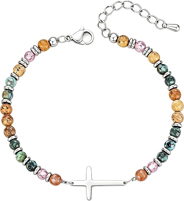 Evabelle Natural Healing Crystal Bracelet for Women, Triple Protection Anxiety Relief New Beginnings Good Luck Empath Protection, Inspirational Spiritual Beaded Braecelet Graduation Jewelry Gift for Friends Mom 6.5+2 Inches