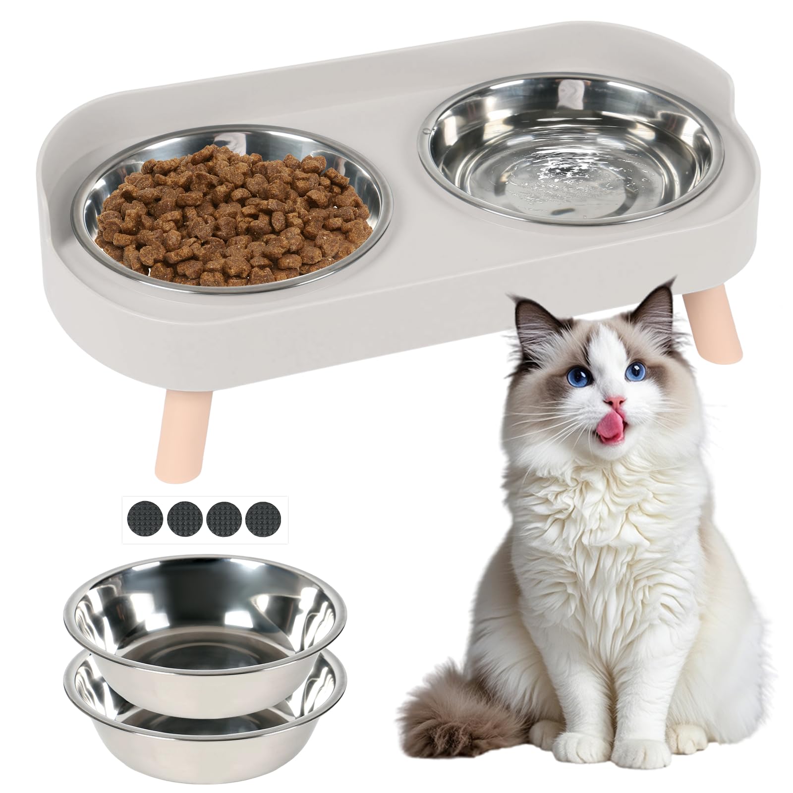 Widisun Raised Cat Bowls with Stand, Stainless Steel Elevated Cat Food and Water Bowl Set, Double Tilted Cat Feeding Dish for Small Dogs, Non-Slip Design for Neck Relief (White)