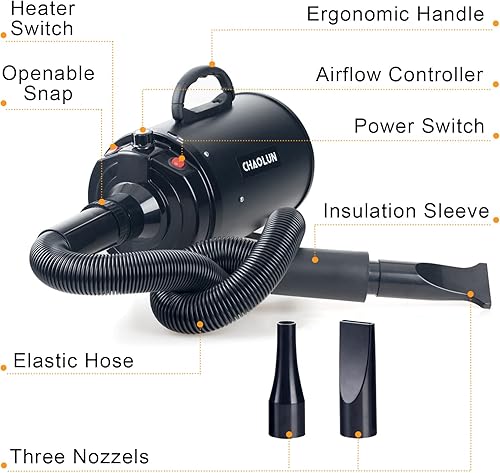 Miniatura 7 de CHAOLUN Secador de pelo para perros, secadora profesional de alta velocidad para mascotas, secador de pelo para perros con calentador, velocidad