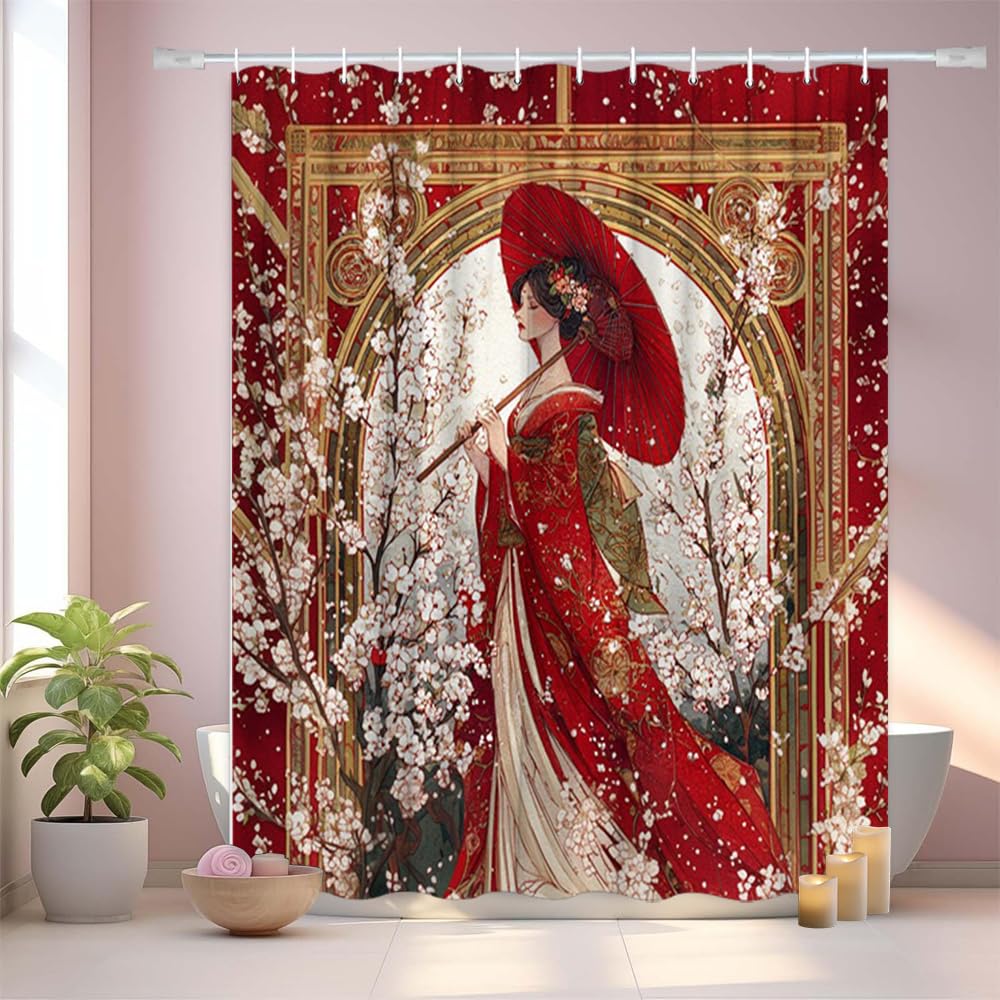 GLWDMB 1 Piece 180x200CM Elegant Woman in Red Kimono with Cherry Blossoms Printed Shower Curtain With Hook, Polyester, for Windows And Walls, Bathtub, Bathroom, Machine Washable, All Season Universal