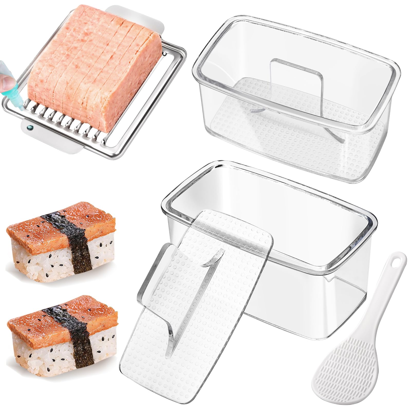 Musubi Press Mold Kit, 2 Pack Clear Musubi Maker with Stainless Steel 304 Luncheon Meat Slicer for SPAM (Clear)