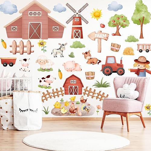 Miniatura 4 de Whaline 8 hojas de calcomanías de pared de animales de granja, lindos dibujos animados, calcomanías de pared de animales de granja, acuarela, oveja,