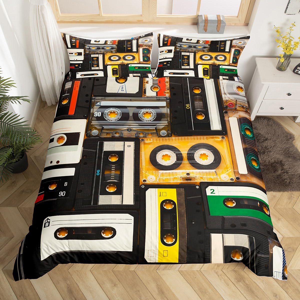 Homewish Cassette Tape Duvet Cover King 80S Party Bedding Set, Plastic Tapes Comforter Cover Classical Music Theme Bed Set, Old Fashion Bedding Vintage 70S Party Decorations 3Pcs โ image 1