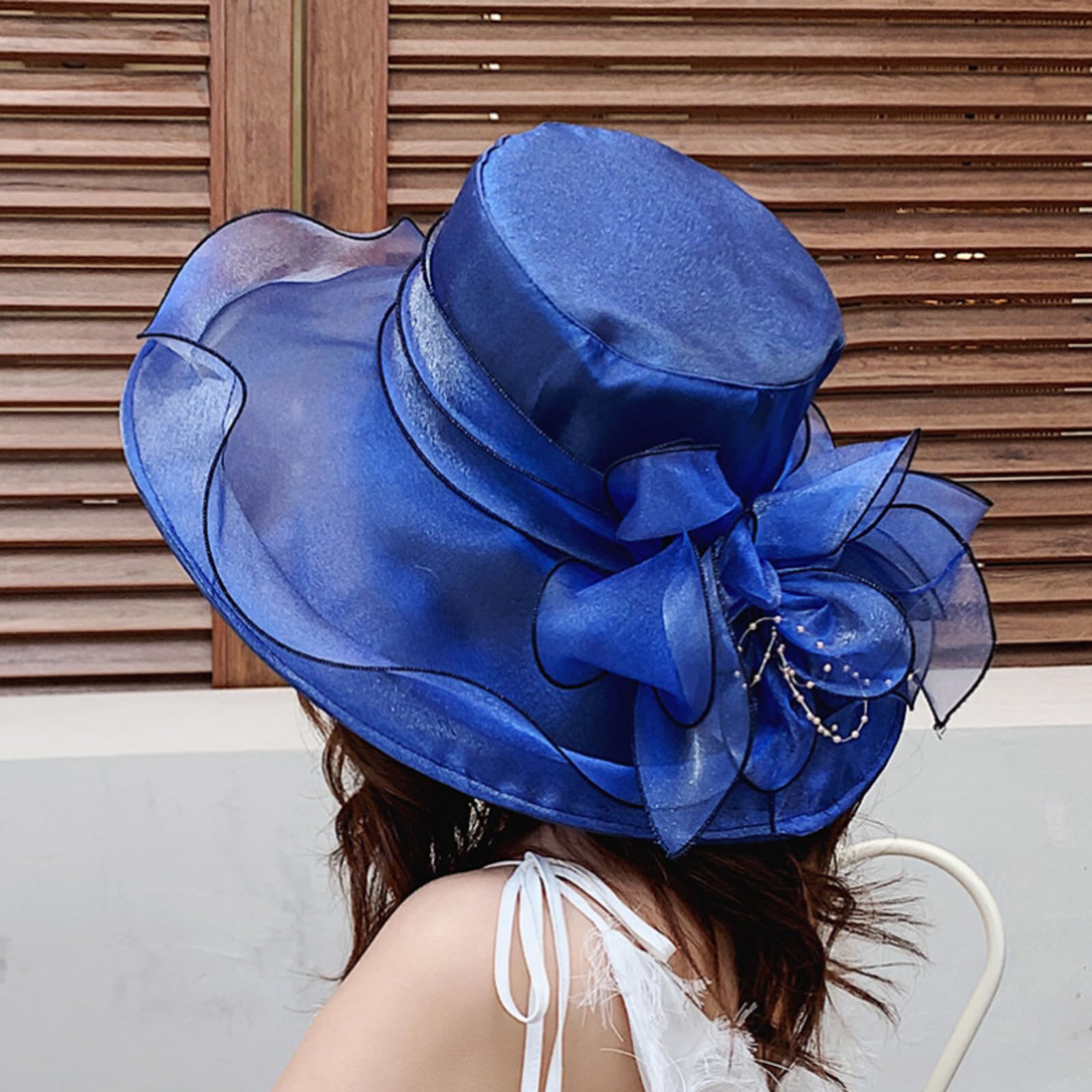 Damen-Fascinator aus Organza, Kirche, Braut, Teeparty, Hochzeit, Sommer, Rüschen, Blume, breite Krempe, Strand-Sonnenhut