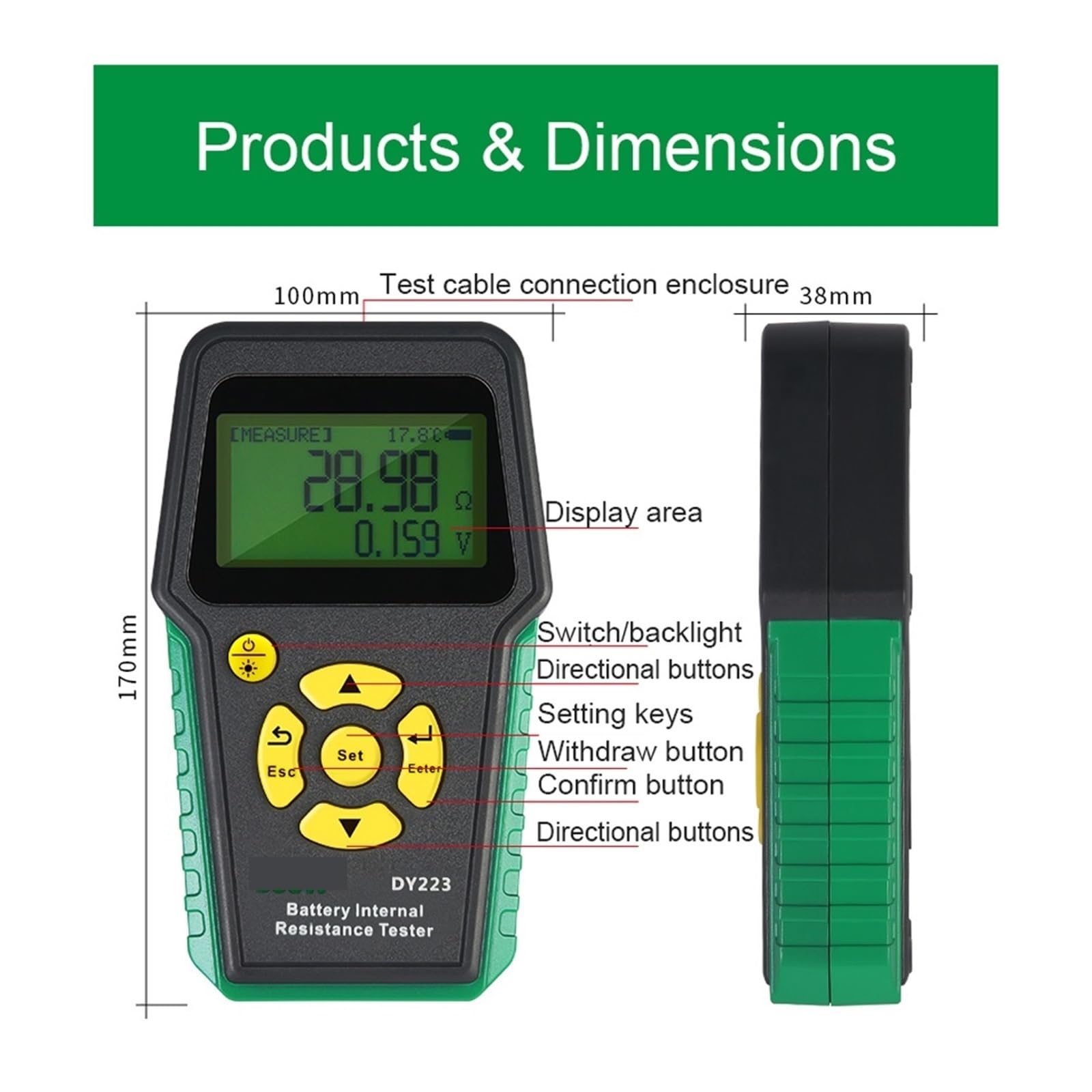 Tester per batterie, DY223 Tester professionale per batterie auto | Offre test di tensione, resistenza interna, display digitale chiaro; ideale per batterie di auto, camion e moto.
