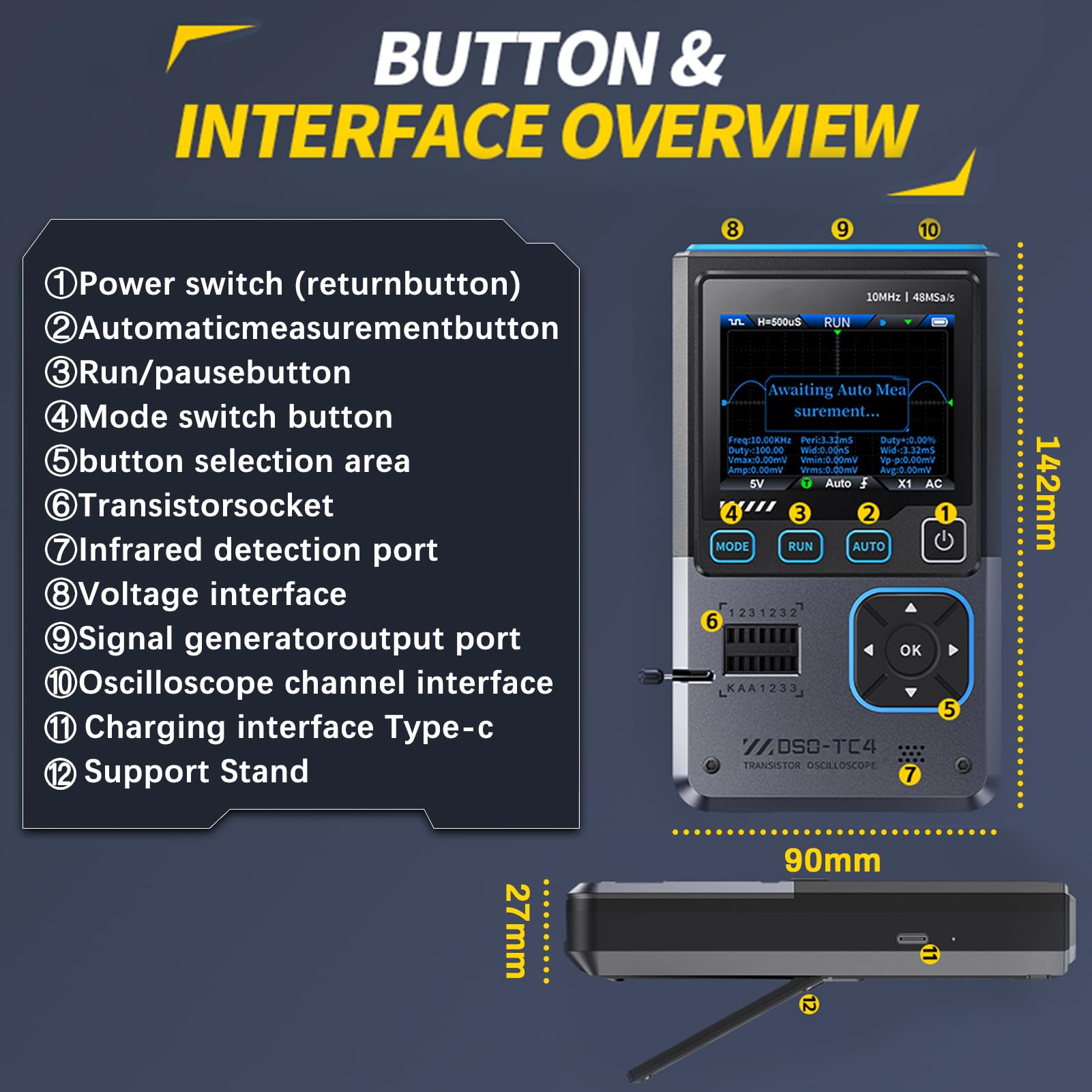 DSO TC4 Oscilloscopio, DSO-TC4 3-in-1 Oscilloscopio Portatile/Tester Transistor/Generatore di segnale, Larghezza di banda 10 MHz,Frequenza di campionamento 48 MSPS