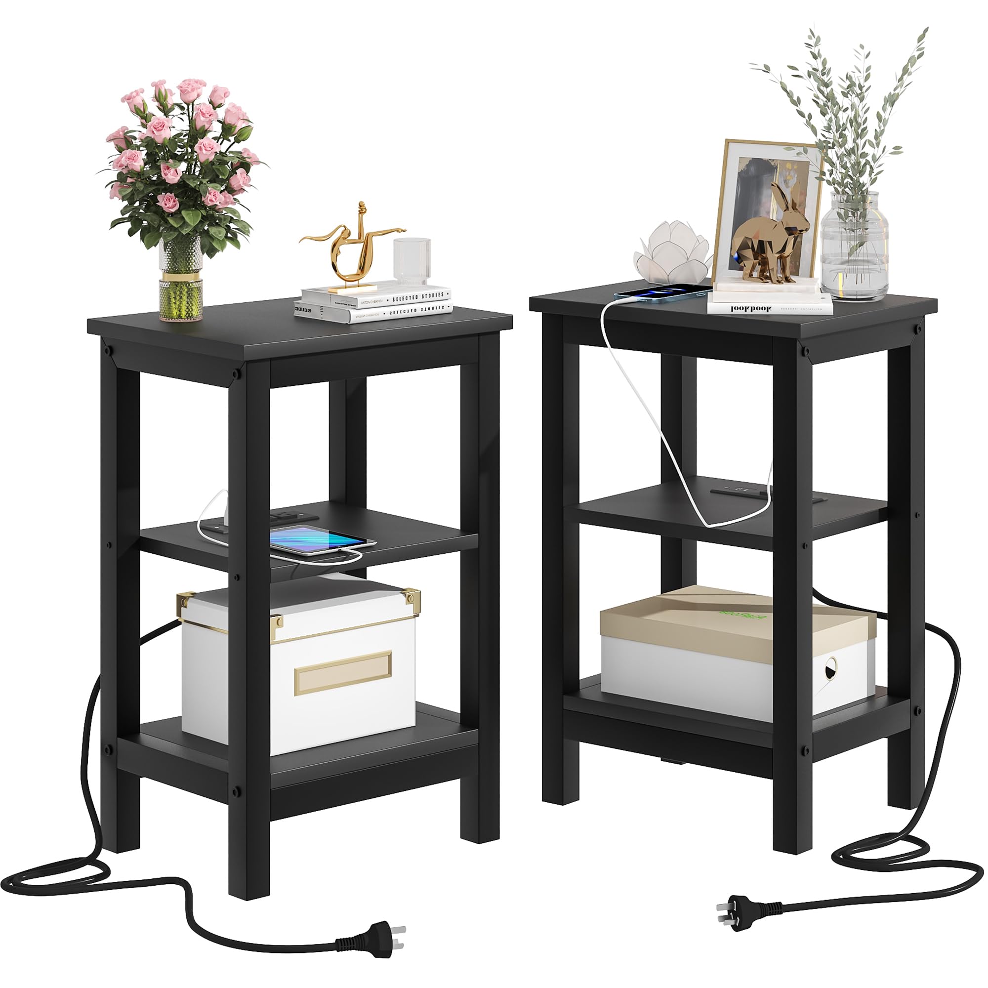 VECELO Modern End Side Tables,2 Sets Nightstand with 3-Layer Storage Shelf for Small Spaces, Living Room,Bedroom,Farmhouse Easy Assembly, Black