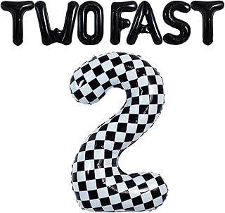 TONIFUL 40 Inch Checkered Number 2 Balloon,Two Fast Letter Banner for Boy's Second Birthday Two Year Old Fast Race Car Flag Party 2nd Racing Car Theme Birthday Party Decoration
