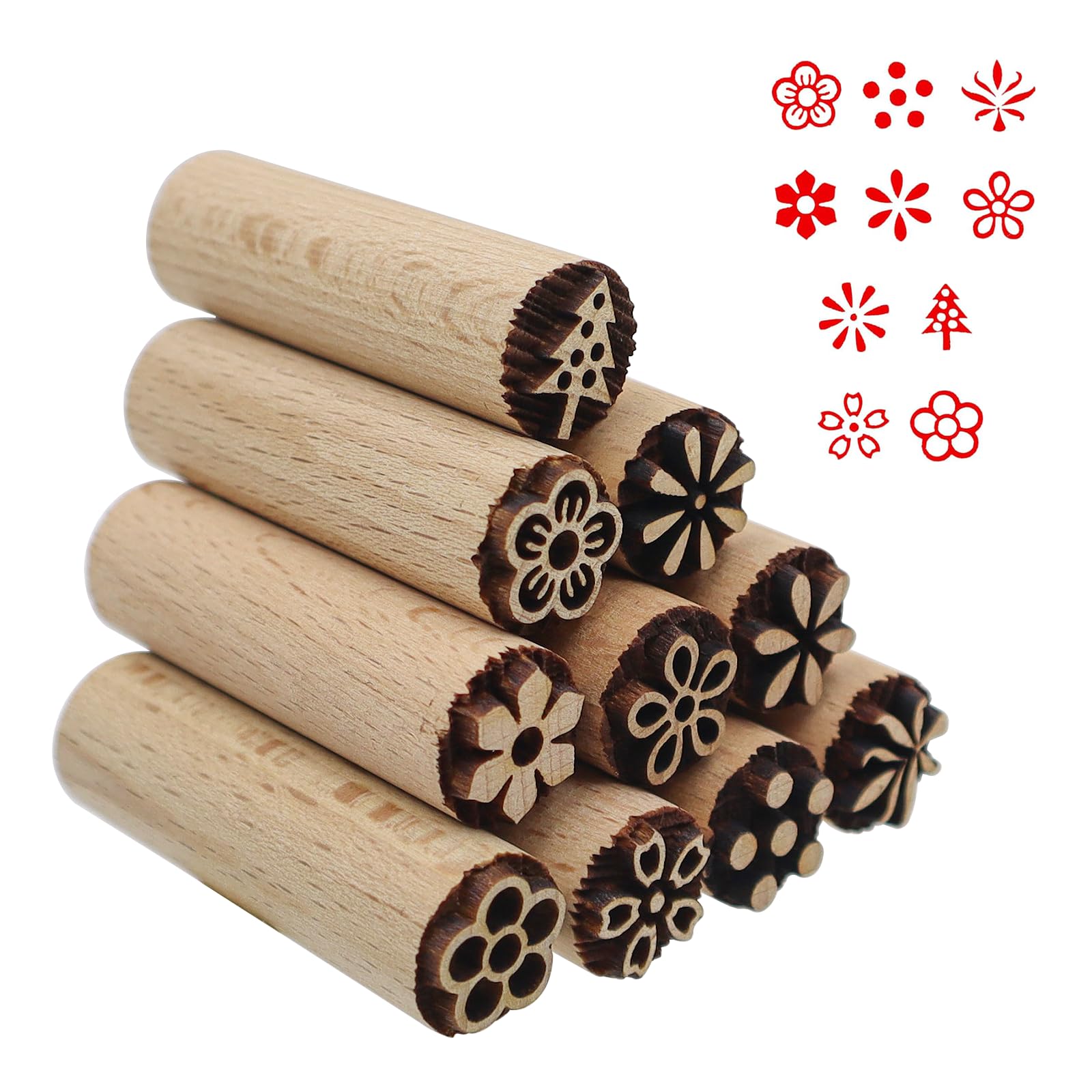 Lot De 7 Tampons De Poterie En Bois Naturel Avec Motif Floral Pour Scrapbooking, Fabrication De Cartes, Travaux Manuels