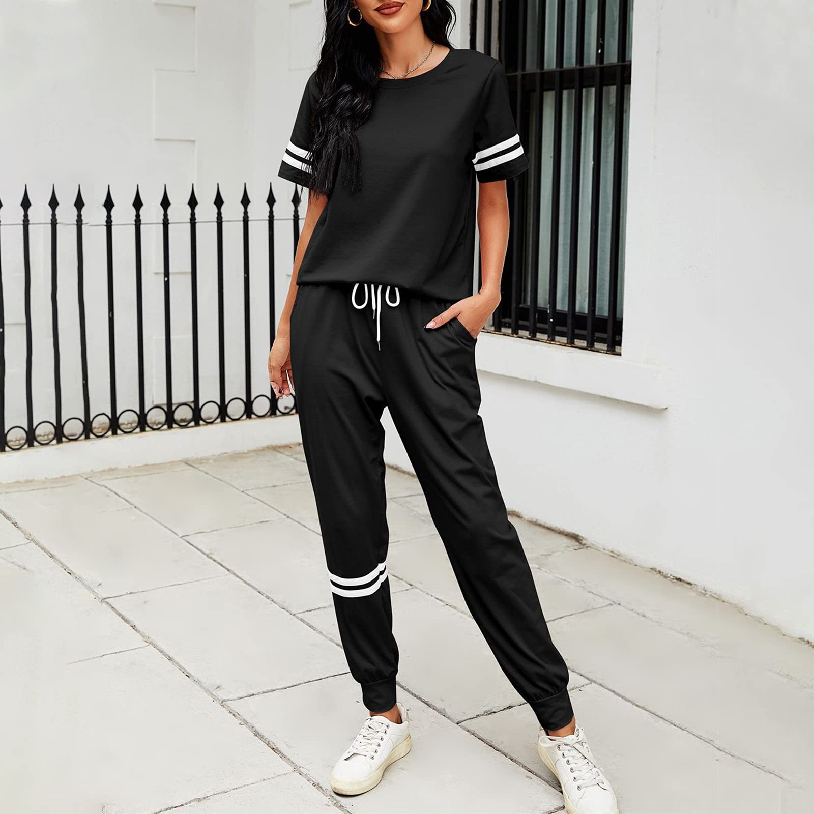 Litthing Conjunto Chándal de Mujer Chandal Completo 2 Piezas De Porta Ropa de Manga Corta y Pantalones Casual para Yoga Set Suave y Cómodo