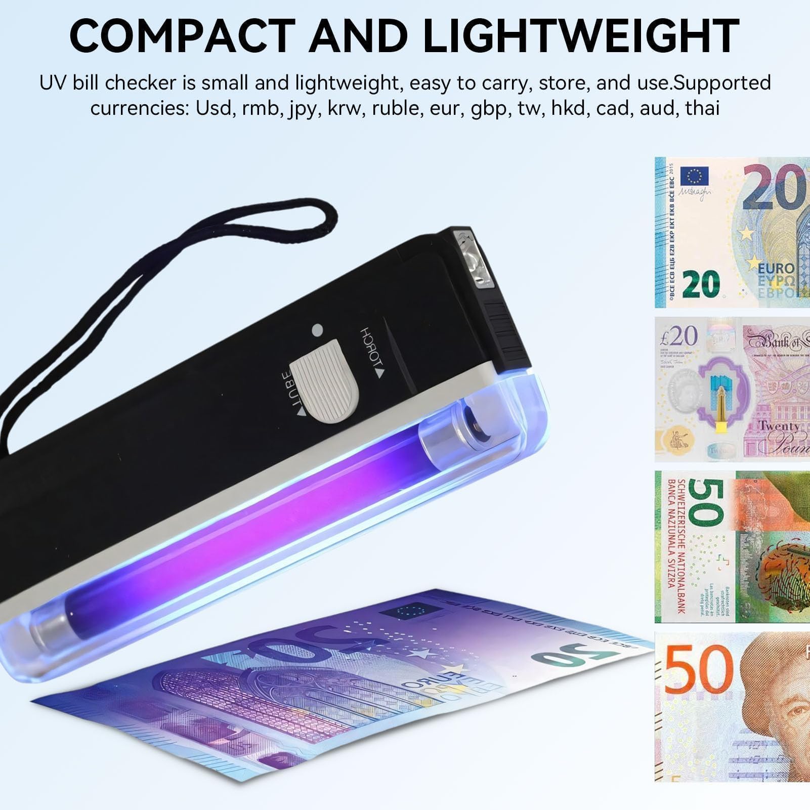 Agatige Détecteur Faux Billets Mini Poche, Détecteur Faux Billets Portable Afin Vérifier Billets, Cartes Bancaires Et ID Détecteur UV Pour Nouveaux Billets Détecteur Lampe UV Vérificateur Magasins