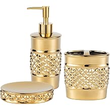 3-Piece Gold Ceramic Bathroom Accessories Set - Luxurious Soap Dispenser, Toothbrush Holder & Soap Dish with Modern Geo Embossed Design for Bathroom Accessory Set