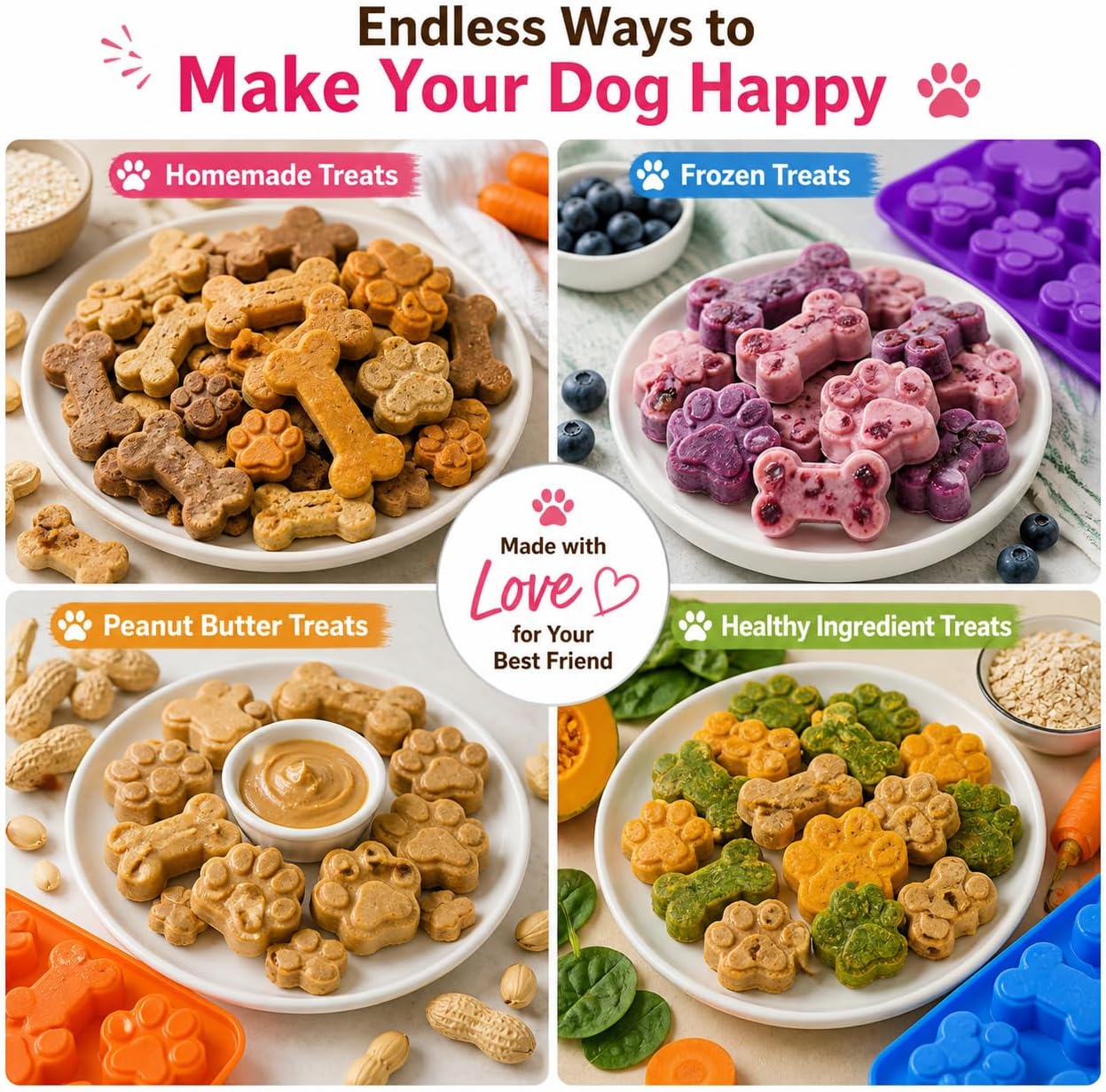 Silicone Dog Treat Molds 3 Pack, Paw & Bone Shape Non-Stick Baking Mold, Food Grade Silicone for Homemade Dog Treats, Oven Freezer Dishwasher Safe