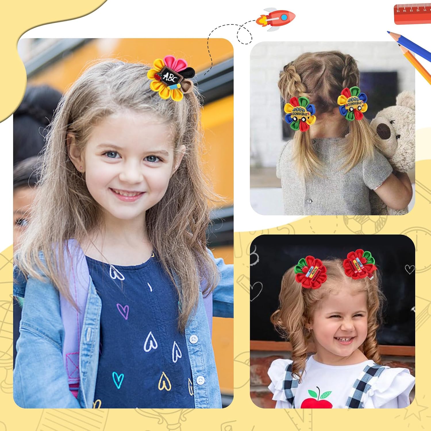 6pcs Back to School Hair Bows for Girls, First Day of School Flower Hair Bow Clips with Apple Pencil School Bus,Hair Accessories Grosgrain Ribbon Bows With Alligator Clips (Back to School -A) image 5