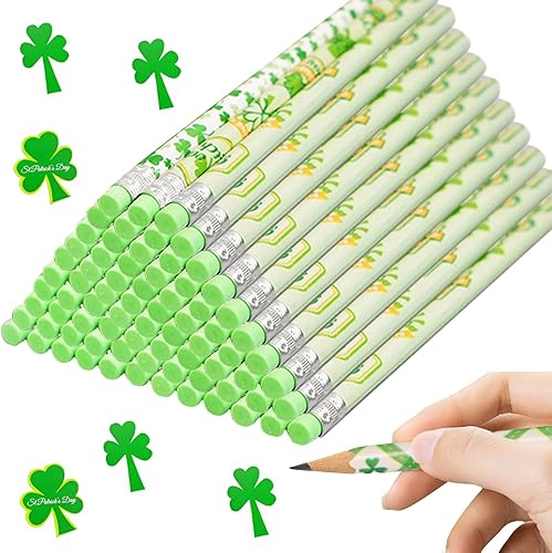 Jremreo Paquete de 48 lápices temáticos del día de San Patricio, 12 estilos de diseño de trébol verde y duende, perfectos para recuerdos de fiesta,