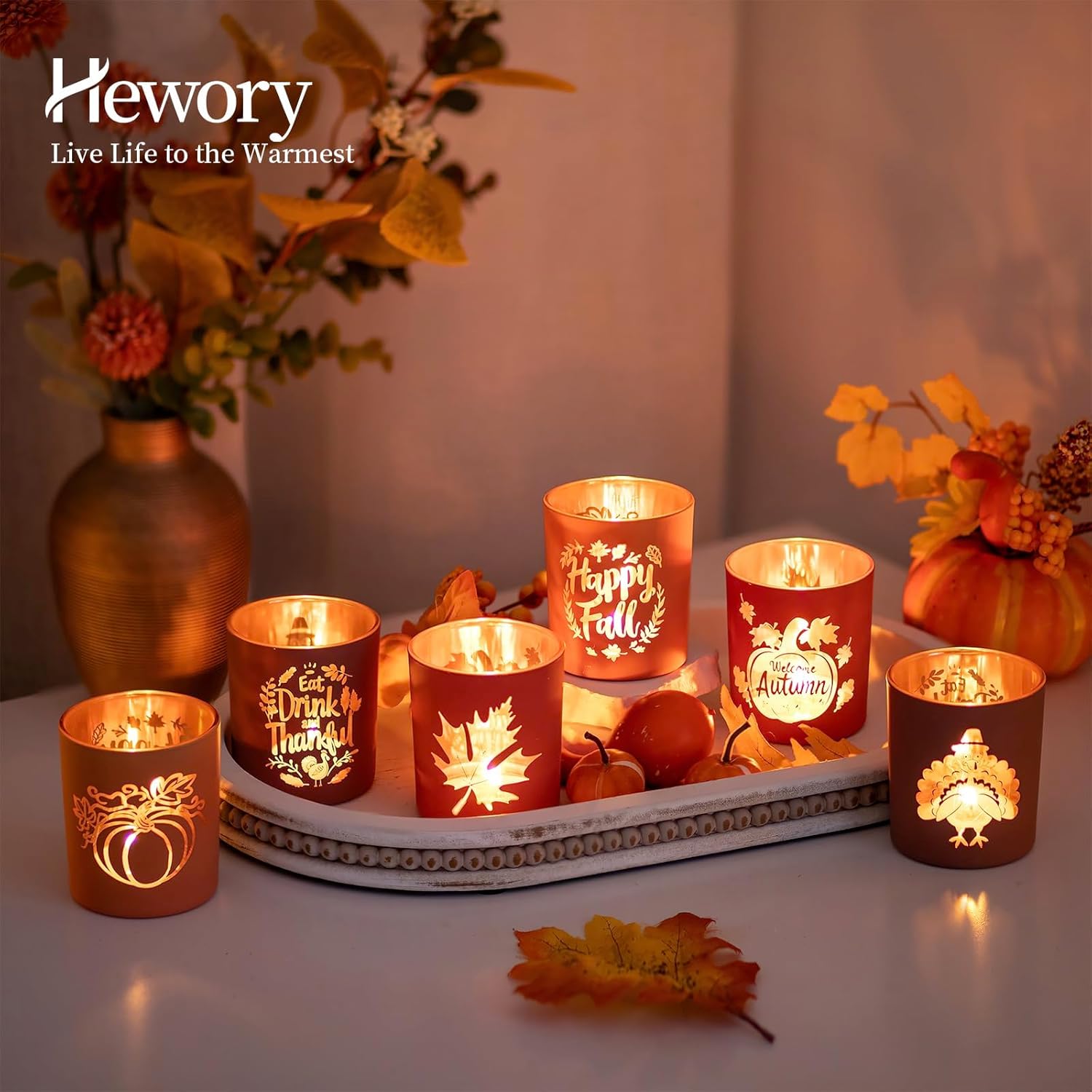 Hewory Thanksgiving Votive Candle Holders: Fall Glass Tea Light Candle Holder Set of 6, Thanksgiving Table Decorations Centerpieces for Dinner Tabe Fireplace Mantle Fall Decorations for Home Party