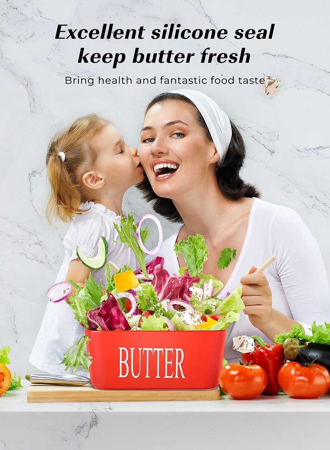 Large Butter Dish,Ceramic Butter Dish with lid and knife, Butter Keeper Double Silicone Seals, Easy Clean, Butter Dishes with Covers Perfect for 2 Sticks of Butter West or East Coast Butter, Red