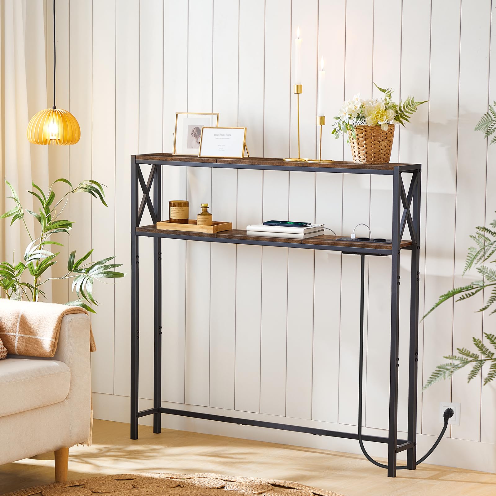 MAHANCRIS Mesa de Entrada Doble de 100 cm, Table Console con 2 Enchufes y 2 Puertos USB, Consola Auxiliar Pequeña, Mesa para Pasillo con Estantes, para Pasillo, Vestíbulo Marrón ACTHR115UE01