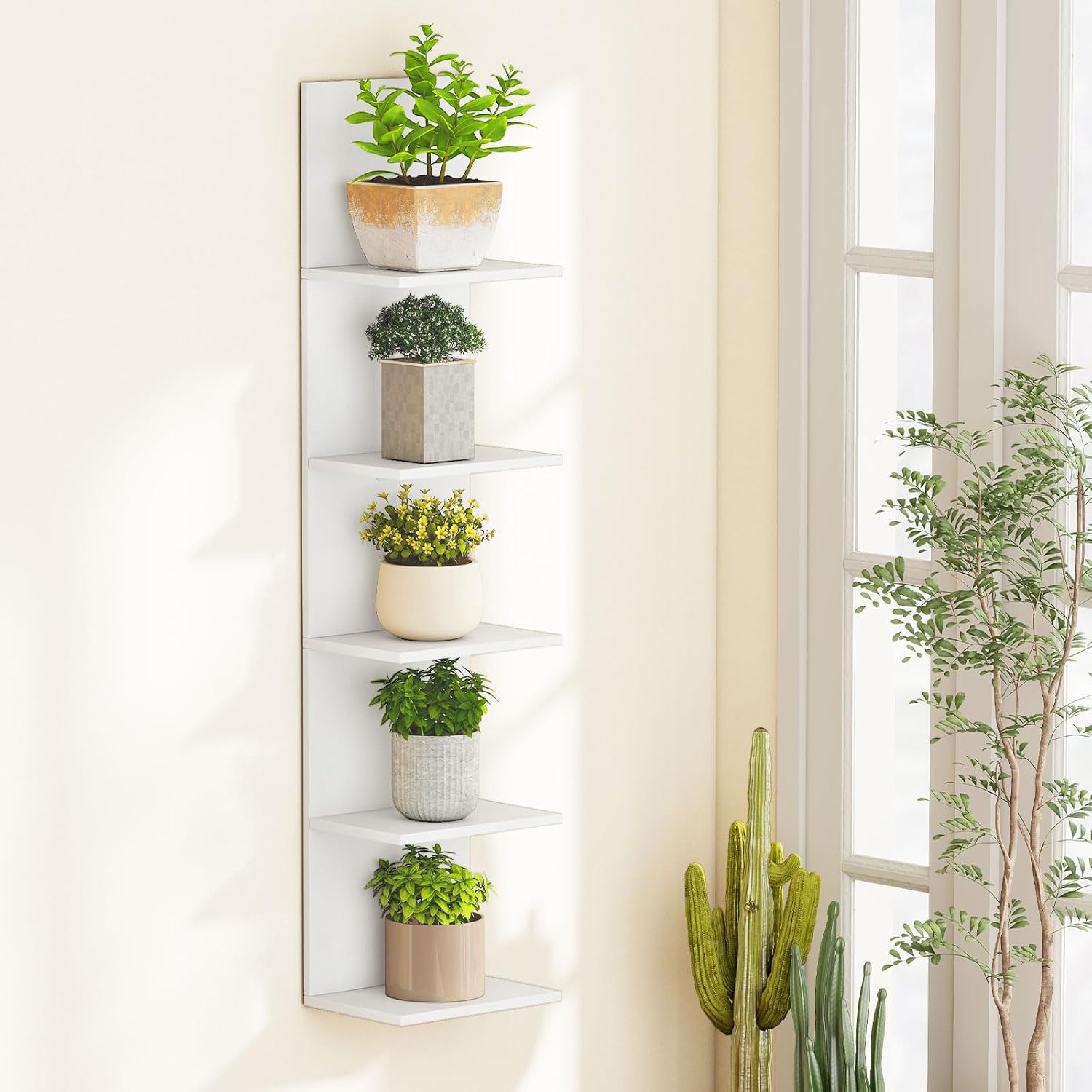 LOKO 5-Tier Wall Shelf, Vertical Column Storage Organizer with Expansion Screws, Decorative Wall Mounted Shelving, Floating Wooden Display Shelf for Living Room, Kitchen, Bathroom (1,White)