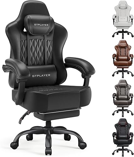 GTPLAYER Silla de juegos grande y alta con reposapiés, silla de escritorio ergonómica de oficina con cojín de 4.4 pulgadas de grosor y asiento ancho