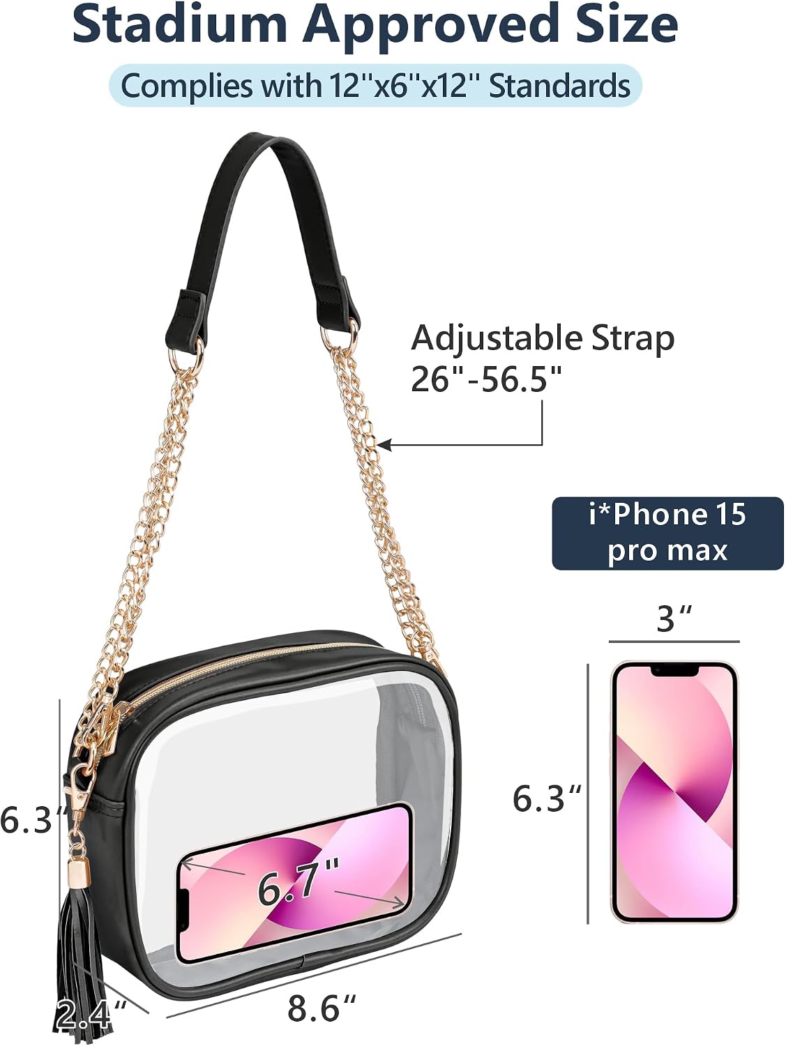  Clear Bag for Stadium Events - Small Clear Purse Crossbody Bag | Adjustable Wide Strap, 2 Easy Access Pockets, Thick 0.5mm PVC, for Sports Game Day Concerts Festival, Women Clear Stadium Bag thumbnail