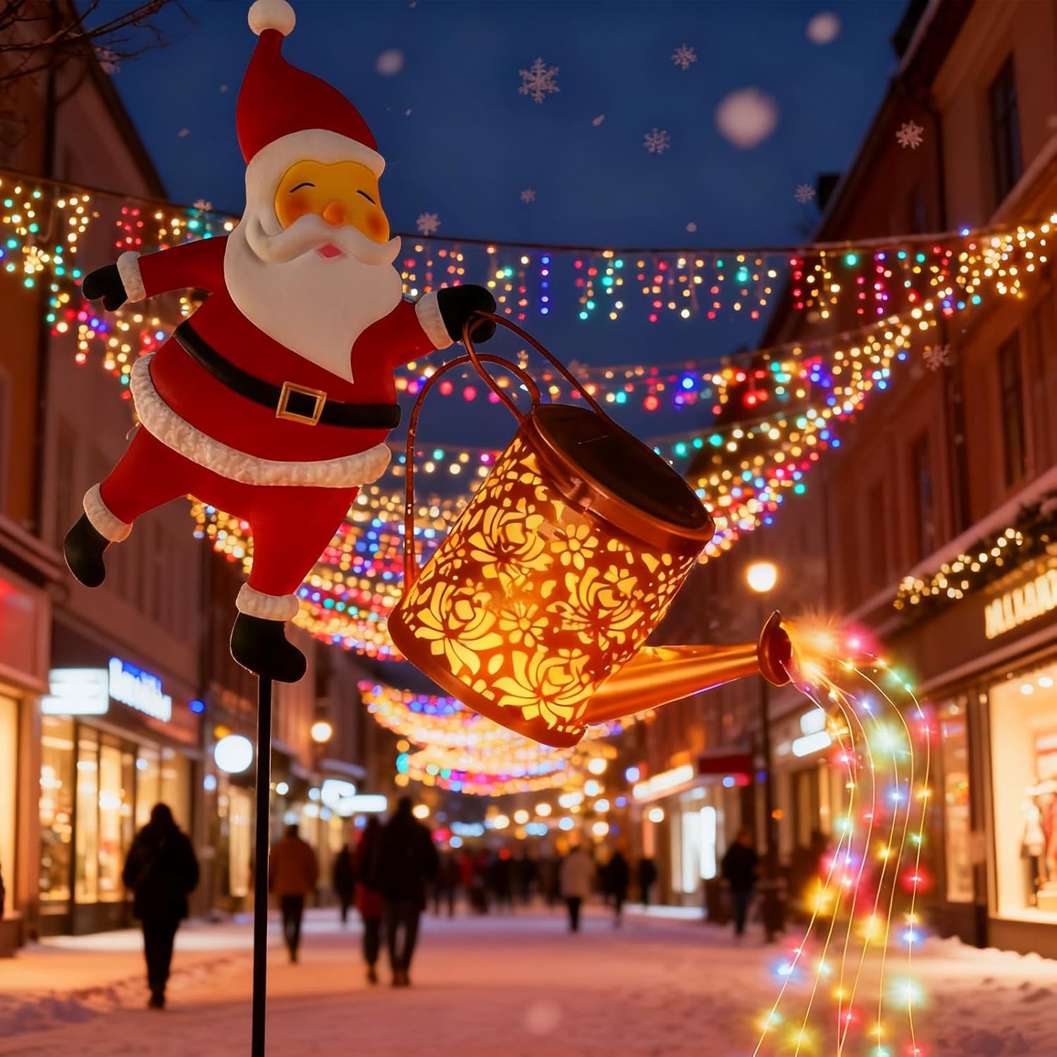 Christmas Solar Kettle Lights Garden Lawn Decorative Lights, 2026 Hanging Metal Solar Santa Claus Watering Can with Led Light, Vintage Waterproof Outdoor Lantern Decoration (Colored Lights, 1pc)