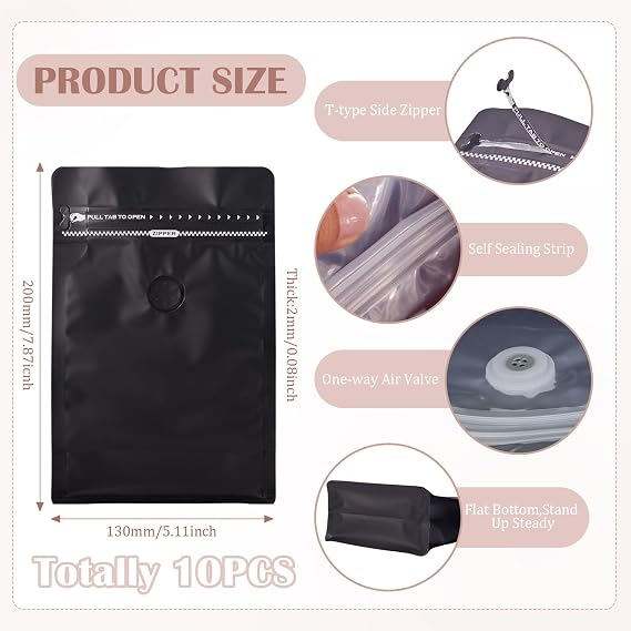 10 pcs Coffee Beans Bags with Valve Black Resealable Coffee Zipper Pouches 20x13x0.2cm Flat Bottom Standing Storage Bags for Candy Cookies Snacks Packing